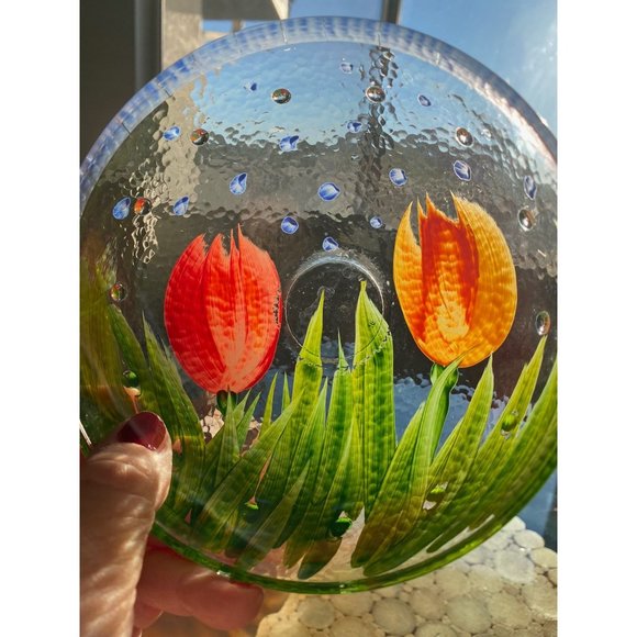 Hand Painted Tulip Fused Glass Bowls with embellished Dots /Set 2 - Picture 5 of 7